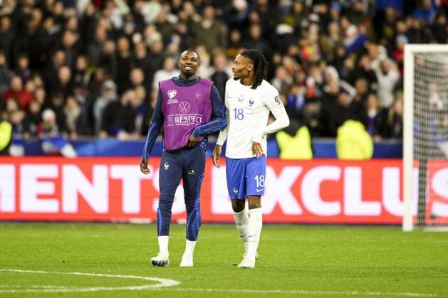 joie des joueurs de l equipe de France en fin de match Kephren Thuram (FRA) Marcus Thuram (FRA) FOOTBALL : France vs Pays Bas - Eliminatoires Euro2024 - 24 03 2023 JBAutissier Panoramic 