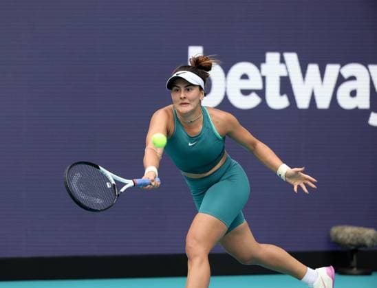March 24, 2023, Miami Gardens, Florida, United States Of America: MIAMI GARDENS, FLORIDA - MARCH 24: Bianca Andreescu of Canada defeats Maria Sakkari of Greece in their second round match at Hard Rock Stadium on March 24, 2023 in Miami Gardens, Florida....People: Bianca Andreescu Miami Gardens United States Of America - ZUMAs214 20230324_zda_s214_139 Copyright: xSMGx