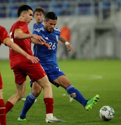 24.03.2023 Backa Topola Serbia-Italy U21, U 21 Under 21 International Friendly, Länderspiel, Nationalmannschaft men s football Andrej Djuric(L) Serbia,Andrea Carboni(C) Italy :