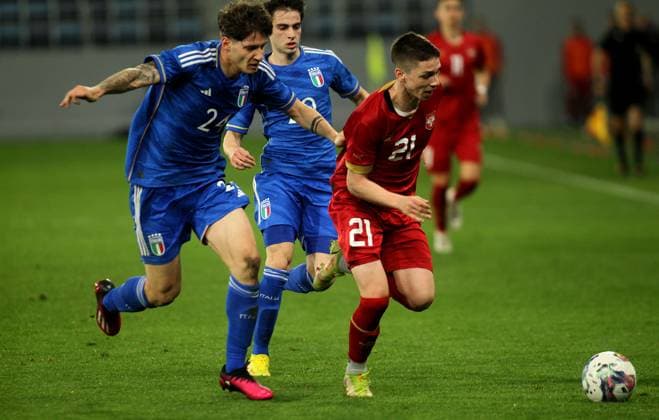 24.03.2023 Backa Topola Serbia-Italy U21, U 21 Under 21 International Friendly, Länderspiel, Nationalmannschaft men s football Alessandro Zanoli (L) Italy ,Mitar Ergelas(R) Serbia :