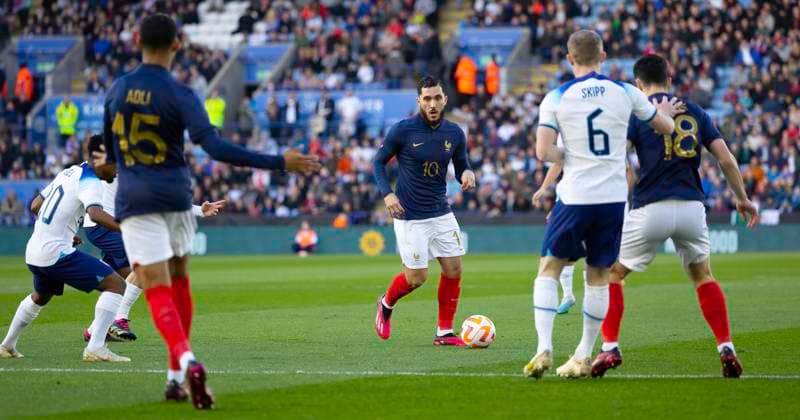 Leicester, England, March 25th 2023: Rayan Cherki (10 France) in action during the International Friendly, Länderspiel, Nationalmannschaft football match between England and France at the King Power Stadium in Leicester, England. (James Whitehead SPP) Copyright: xJamesxWhiteheadx xSPPx spp-en-JaWhSp-EU21vFU21030