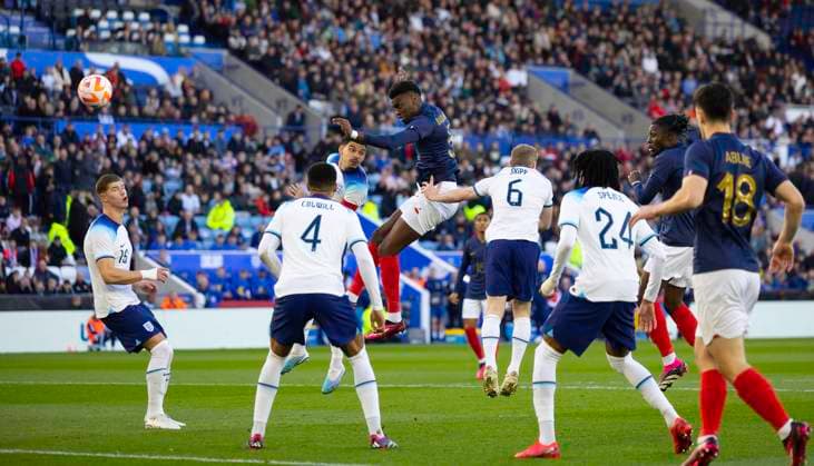 Leicester, England, March 25th 2023: Benoit Badiashile (5 France) heads the ball towards goal during the International Friendly, Länderspiel, Nationalmannschaft football match between England and France at the King Power Stadium in Leicester, England. (James Whitehead SPP) Copyright: xJamesxWhiteheadx xSPPx spp-en-JaWhSp-EU21vFU21027