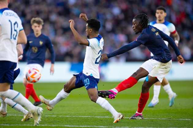 Leicester, England, March 25th 2023: Kouadio Kone (7 France) has a shot on goal during the International Friendly, Länderspiel, Nationalmannschaft football match between England and France at the King Power Stadium in Leicester, England. (James Whitehead SPP) Copyright: xJamesxWhiteheadx xSPPx spp-en-JaWhSp-EU21vFU21067