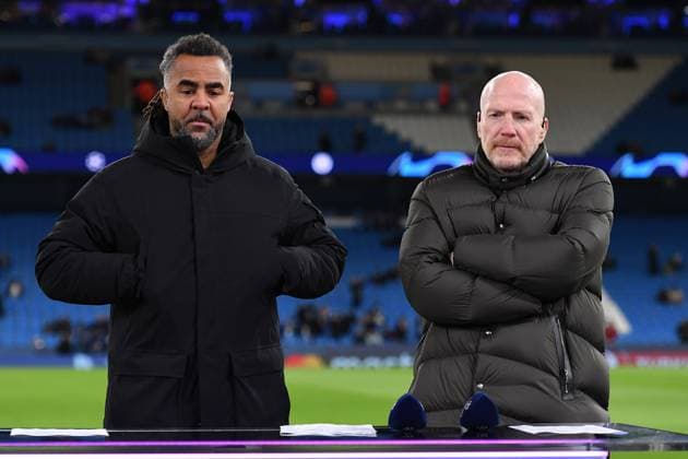 Fußball Champions League Gruppenphase Achtelfinale Manchester City - RB Leipzig am 14.03.2023 im Etihad Stadion in Manchester Patrick Owomoyela, links - Matthias Sammer, rechts