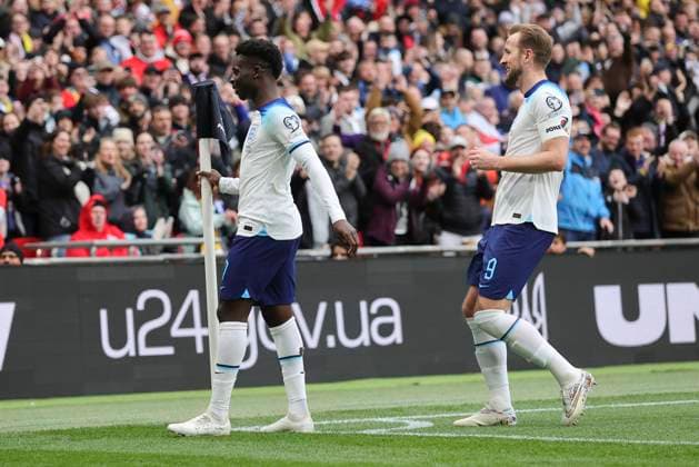 England v Ukraine UEFA EURO, EM, Europameisterschaft,Fussball 2024 Qualifiers Bukayo Saka of England celebrates scoring his sides 2nd goal during the UEFA Euro 2024 Qualifiers Group C match at Wembley Stadium, London Content Not Available For UK Newspapers Copyright: xPaulxChestertonx FIL-18299-0064 UK Newspapers OUT