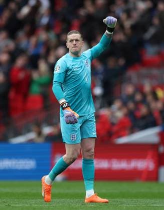 Mandatory Credit: Photo by JASONPIX Shutterstock (13846421f) Jordan Pickford of England celebrates after Bukayo Saka scores Englands second goal to put England 2- up England v Ukraine - European Championship, EM, Europameisterschaft QUALIFYING - GROUP C. Football, Wembley Stadium. UK. 26 MAR 2023 Editorial use only England v Ukraine - EUROPEAN CHAMPIONSHIP QUALIFYING - GROUP C. Football, Wembley Stadium. UK. 26 MAR 2023 Editorial use only  Copyright: xJASONPIX Shutterstockx 13846421f
