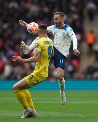 Mandatory Credit: Photo by JASONPIX Shutterstock (13846421c) James Maddison of England with Roman Yaremchuk of Ukraine England v Ukraine - European Championship, EM, Europameisterschaft QUALIFYING - GROUP C. Football, Wembley Stadium. UK. 26 MAR 2023 Editorial use only England v Ukraine - EUROPEAN CHAMPIONSHIP QUALIFYING - GROUP C. Football, Wembley Stadium. UK. 26 MAR 2023 Editorial use only  Copyright: xJASONPIX Shutterstockx 13846421c