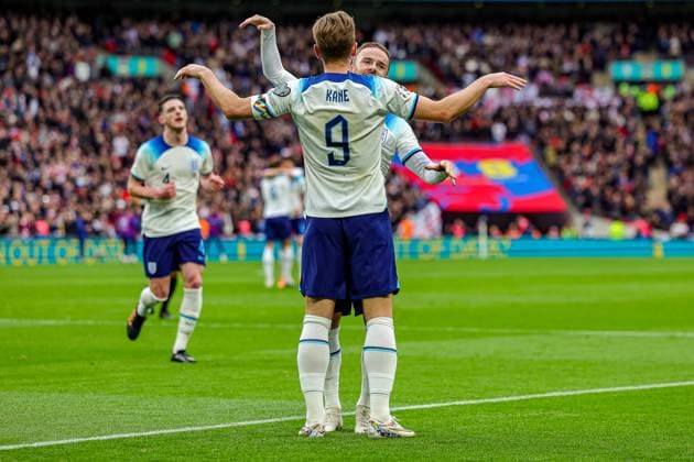 England v Ukraine Euro 2024 Qualifier 26 03 2023. Goal 1-0 England forward Harry Kane (9) scores a goal and celebrates during the Euro 2024 Qualifier match between England and Ukraine at Wembley Stadium, London, England on 26 March 2023. Editorial use only , Copyright: xNigelxKeenex PSI-17124-0040