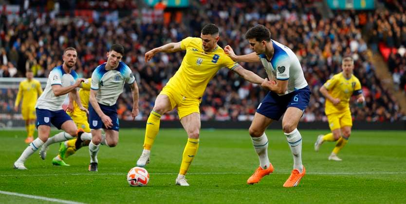 London, England, March 26th 2023: Roman Yaremchuk (9 Ukraine) holds off Harry Maguire (6 England) during the UEFA European Qualifiers football match between England and Ukraine at Wembley Stadium in London, England. (James Whitehead SPP) Copyright: xJamesxWhiteheadx xSPPx spp-en-JaWhSp-ENGvUKR103