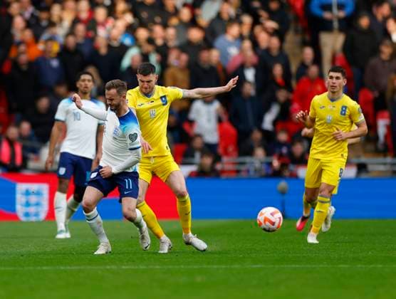 London, England, March 26th 2023: Roman Yaremchuk (9 Ukraine) and James Maddison (11 England) battle for the ball during the UEFA European Qualifiers football match between England and Ukraine at Wembley Stadium in London, England. (James Whitehead SPP) Copyright: xJamesxWhiteheadx xSPPx spp-en-JaWhSp-ENGvUKR110