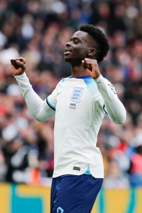 England v Ukraine UEFA EURO, EM, Europameisterschaft,Fussball 2024 Qualifiers Bukayo Saka of England celebrates scoring his side?s 2nd goal during the UEFA Euro 2024 Qualifiers Group C match at Wembley Stadium, London Content Not Available For UK Newspapers Copyright: xPaulxChestertonx FIL-18299-0177 UK Newspapers OUT