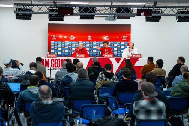 230327 Stale Solbakken, head coach of the Norwegian national football team, and Morten Morisbak Skjonsberg, press officer, during a press conference, PK, Pressekonferenz on March 27, 2023 in Batumi. Photo: Vegard Grott BILDBYRAN kod VG VG0430 bbeng fotball football soccer fotboll UEFA EURO, EM, Europameisterschaft,Fussball 2024 em-kvalifisering em-kvalik pressekonferanse press conference norge norway Copyright: VEGARDxGRoTT BB230327VG034