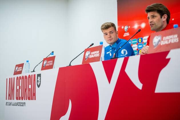 230327 Alexander Sorloth and Morten Morisbak Skjonsberg, press officer of the Norwegian national football team, during a press conference, PK, Pressekonferenz on March 27, 2023 in Batumi. Photo: Vegard Grott BILDBYRAN kod VG VG0430 bbeng fotball football soccer fotboll UEFA EURO, EM, Europameisterschaft,Fussball 2024 em-kvalifisering em-kvalik pressekonferanse press conference norge norway Copyright: VEGARDxGRoTT BB230327VG036