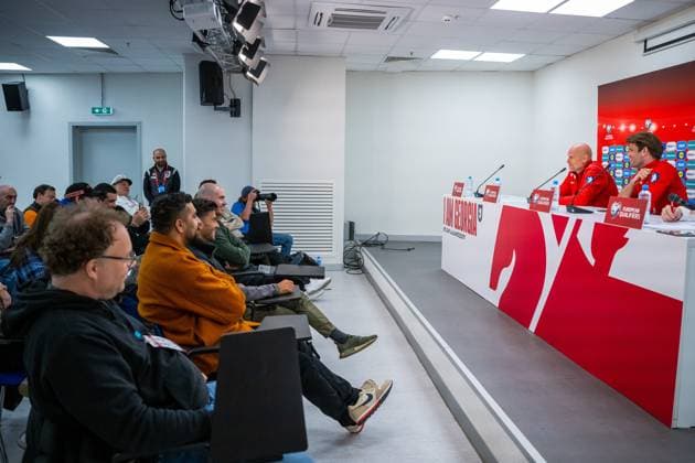 230327 Stale Solbakken, head coach of the Norwegian national football team, and Morten Morisbak Skjonsberg, press officer, during a press conference, PK, Pressekonferenz on March 27, 2023 in Batumi. Photo: Vegard Grott BILDBYRAN kod VG VG0430 bbeng fotball football soccer fotboll UEFA EURO, EM, Europameisterschaft,Fussball 2024 em-kvalifisering em-kvalik pressekonferanse press conference norge norway Copyright: VEGARDxGRoTT BB230327VG040