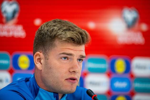 230327 Alexander Sorloth of the Norwegian national football team during a press conference, PK, Pressekonferenz on March 27, 2023 in Batumi. Photo: Vegard Grott BILDBYRAN kod VG VG0430 bbeng fotball football soccer fotboll UEFA EURO, EM, Europameisterschaft,Fussball 2024 em-kvalifisering em-kvalik pressekonferanse press conference norge norway Copyright: VEGARDxGRoTT BB230327VG043