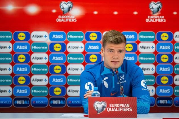 230327 Alexander Sorloth of the Norwegian national football team during a press conference, PK, Pressekonferenz on March 27, 2023 in Batumi. Photo: Vegard Grott BILDBYRAN kod VG VG0430 bbeng fotball football soccer fotboll UEFA EURO, EM, Europameisterschaft,Fussball 2024 em-kvalifisering em-kvalik pressekonferanse press conference norge norway Copyright: VEGARDxGRoTT BB230327VG044