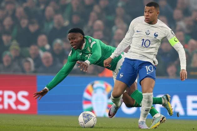 Mandatory Credit: Photo by Paul Greenwood Shutterstock (13847018k) Chiedozie Ogbene of Republic of Ireland and Kylian Mbappe of France Republic of Ireland v France, UEFA European Championship, EM, Europameisterschaft 2024 Qualifying, Group B, Football, Aviva Stadium, Dublin, Ireland - 27 Mar 2023 EDITORIAL USE ONLY No use with unauthorised audio, video, data, fixture lists, club league logos or live services. Online in-match use limited to 120 images, no video emulation. No use in betting, games or single club league player publications. Republic of Ireland v France, UEFA European Championship 2024 Qualifying, Group B, Football, Aviva Stadium, Dublin, Ireland - 27 Mar 2023 EDITORIAL USE ONLY No use with unauthorised audio, video, data, fixture lists, club league logos or live services. Online in-match use limited to 120 images, no video emulation. No use in betting, games or single club league player publications. Copyright: xPaulxGreenwood Shutterstockx 13847018k