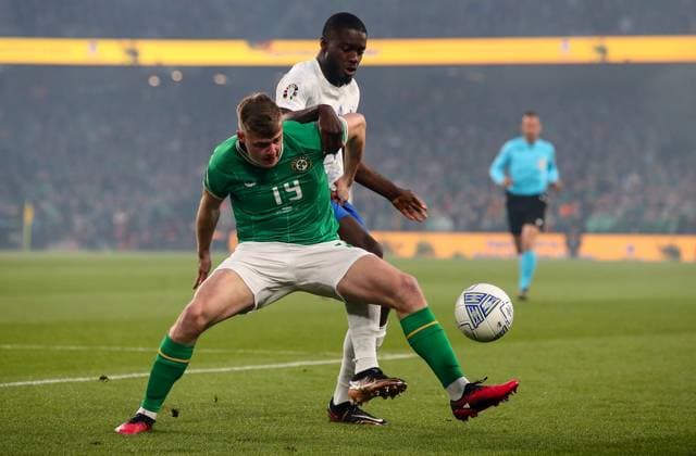 UEFA EURO, EM, Europameisterschaft,Fussball 2024 Qualifying Round Group B, Aviva Stadium, Dublin 27 3 2023 Republic of Ireland vs France France™s Dayot Upamecano and Evan Ferguson of Ireland Dayot Upamecano and Evan Ferguson 27 3 2023  Copyright: x INPHO RyanxByrnex RB2_1552
