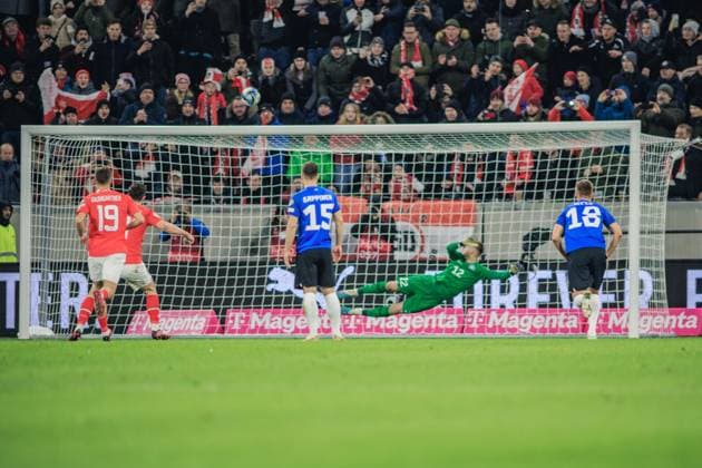 SOCCER - UEFA EURO, EM, Europameisterschaft,Fussball 2024 Quali, AUT vs EST LINZ,AUSTRIA,24.MAR.27 - SOCCER - European Qualifiers 2024, OEFB international match, Länderspiel, Nationalmannschaft Austria vs Estland. Image shows Christoph Baumgartner (AUT) and Michael Gregoritsch (AUT). Keywords: penalty.  GEPAxpictures xManuelxBinder