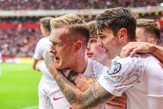 27.03.2023 WARSZAWA, STADION PGE NARODOWY IMIENIEM KAZMIERZA GORSKIEGO PILKA NOZNA (FOOTBALL) ELIMINACJE MISTRZOSTW EUROPY UEFA EURO, EM, Europameisterschaft,Fussball 2024 ( UEFA EURO 2024 QUALIFICATION ) MECZ ( GAME ) POLSKA - ALBANIA ( POLAND - ALBANIA ) NZ KAROL SWIDERSKI, JAKUB KIWIOR POLSKA RADOSC, BRAMKA, GOL, FOTO LUKASZ GROCHALA CYFRASPORT NEWSPIX.PL --- Newspix.pl  20230327CSLG0224