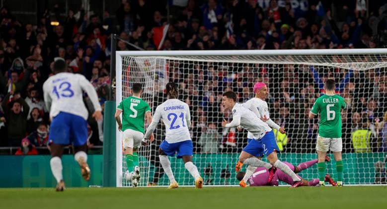 UEFA EURO, EM, Europameisterschaft,Fussball 2024 Qualifying Round Group B, Aviva Stadium, Dublin 27 3 2023 Republic of Ireland vs France France s Benjamin Pavard celebrates scoring his sides first goal Benjamin Pavard celebrates scoring his sides first goal 27 3 2023  Copyright: x INPHO JamesxCrombiex JFD12635