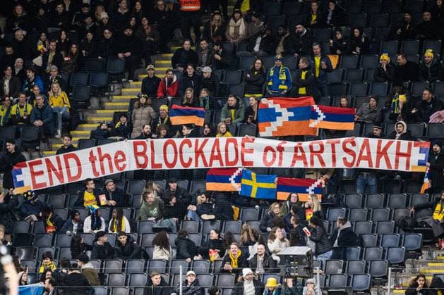 230327 A protest banner in the stands during the UEFA EURO, EM, Europameisterschaft,Fussball Qualifier, EM, Europameisterschaft football match between Sweden and Azerbaijan on March 27, 2023 in Stockholm. Photo: Jesper Zerman BILDBYRAN COP 234 JZ0347 bbeng football soccer fotboll fotball uefa euro qualifier landskamp emkval em-kvalifisering em-kvalik sverige sverige a sweden azerbajdzjan publik Copyright: JESPERxZERMAN BB230327JZ038