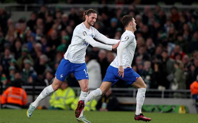 UEFA EURO, EM, Europameisterschaft,Fussball 2024 Qualifying Round Group B, Aviva Stadium, Dublin 27 3 2023 Republic of Ireland vs France France s Benjamin Pavard celebrates scoring his sides first goal with Adrien Rabiot Benjamin Pavard celebrates scoring his sides first goal with Adrien Rabiot 27 3 2023  Copyright: x INPHO MorganxTreacyx AZ0I5381
