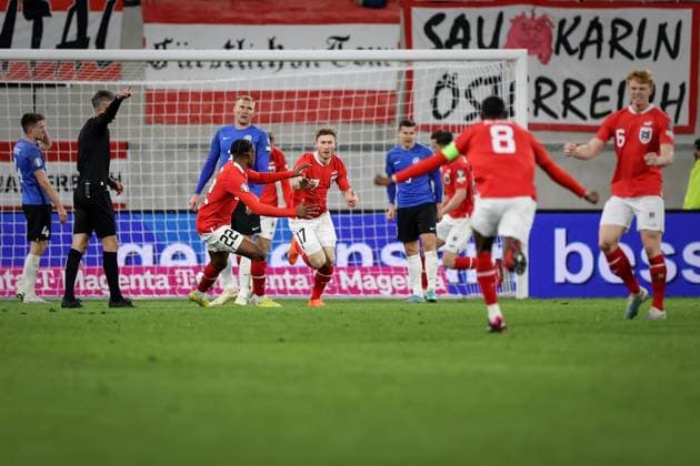 SOCCER - UEFA EURO, EM, Europameisterschaft,Fussball 2024 Quali, AUT vs EST LINZ,AUSTRIA,27.MAR.23 - SOCCER - European Qualifiers 2024, OEFB international match, Länderspiel, Nationalmannschaft Austria vs Estland. Image shows the rejoicing of Florian Kainz (AUT) Keywords: goal.  GEPAxpictures xManfredxBinder