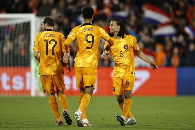 ROTTERDAM - (lr) Daley Blind of Holland, Cody Gakpo of Holland, Nathan Ake of Holland celebrate the 3-0 during the UEFA European Championship, EM, Europameisterschaft qualifying match between the Netherlands and Gibraltar at Feyenoord Stadion de Kuip on March 27, 2023 in Rotterdam, Netherlands. ANP MAURICE VAN STONE UEFA EURO, EM, Europameisterschaft,Fussball 2024 Qualifying Round 2022 2023 xVIxANPxSportx xxANPxIVx 465884108 originalFilename: 465884108.jpg