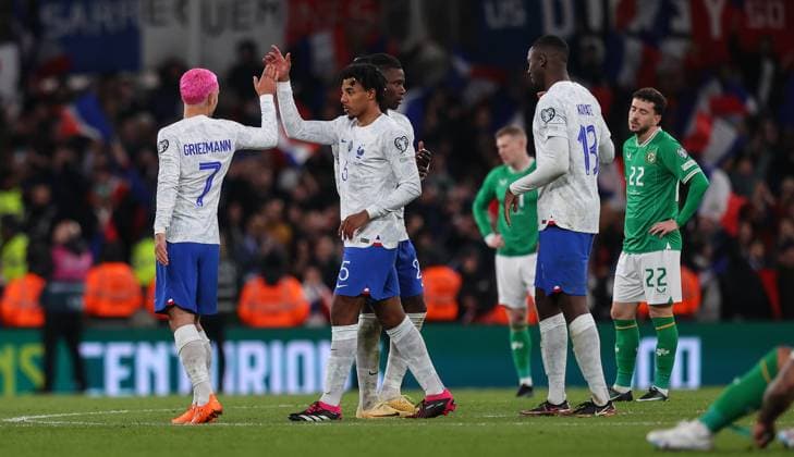 UEFA EURO, EM, Europameisterschaft,Fussball 2024 Qualifying Round Group B, Aviva Stadium, Dublin 27 3 2023 Republic of Ireland vs France France s Antoine Griezmanna and Jules KoundÃ Antoine Griezmanna and Jules KoundÃ celebrate after the game 27 3 2023  Copyright: x INPHO RyanxByrnex RB1_8774