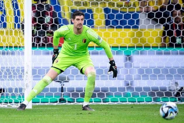 230324 Goalkeeper Thibaut Courtois of Belgium during the UEFA EURO, EM, Europameisterschaft,Fussball Qualifier, EM, Europameisterschaft football match between Sweden and Belgium on March 24, 2023 in Stockholm. Photo: Niklas Larsson BILDBYRAN kod NL JL0340 bbeng football soccer fotboll fotball uefa euro qualifier landskamp emkval em-kvalifisering em-kvalik sverige sverige a sweden belgien belgium Copyright: NIKLASxLARSSON BB230324NL075
