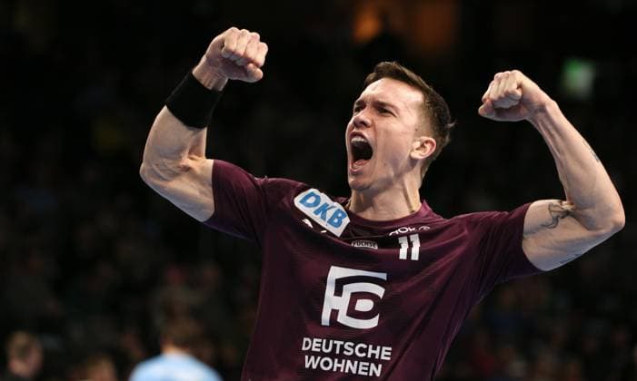 Sport Themen der Woche KW13 Sport Bilder des Tages Lasse Bredekjaer Andersson jubelnd nach Tor Freude Emotion Jubel Handball Euroleague European League Herren Saison 2022 2023 28.03.2023 Füchse Berlin vs. Skjern Handbold *** Lasse Bredekjaer Andersson cheering after goal joy emotion jubilation sport handball Euroleague European League men season 2022 2023 28 03 2023 Füchse Berlin vs Skjern Handbold