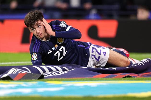 Scotland v Spain 28 March 2023, Glasgow - UEFA EURO, EM, Europameisterschaft,Fussball 2024 Qualifying - Group A - Scotland v Spain - Aaron Hickey of Scotland - Photo: Charlotte Wilson Offside. Glasgow UK Copyright: xCharlottexWilsonx xOffsidexOffside