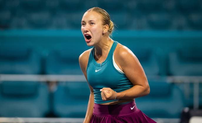 March 29, 2023, MIAMI, UNITED STATES: Anastasia Potapova of Russia in action during the quarter-final of the 2023 Miami Open WTA, Tennis Damen 1000 tennis tournament against Jessica Pegula of the United States MIAMI UNITED STATES - ZUMAa181 20230329_zaa_a181_016 Copyright: xRobxPrangex