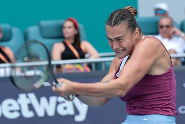 No. 2 in the world Aryna Sabalenka from Belarus hits a two handed backhand shot to Unranked Sorana Cirstea from Romania in the quarter-final match at the Miami Open in the Hard Rock Stadium in Miami Gardens, Florida, on Wednesday, March 29, 2023. Cirstea upset Sabalenka 6-4, 6-4.  MIA20230329116 GARYxIxROTHSTEIN