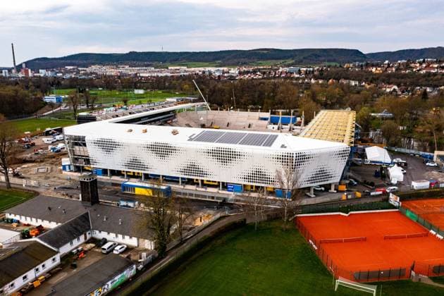 Jena , 300323, Fussball Regionalliga , FC Carl-Zeiss Jena Baustelle Ernst Abbe Sportfeld Übersicht Stadion , Flugaufnahme Luftbild