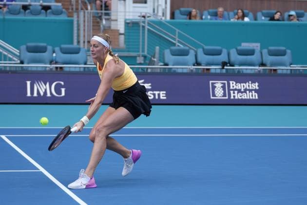 March 30, 2023, Miami Gardens, Florida, United States: March, 30 - Miami Gardens: Petra Kvitova(CZE), in action here, plays Eketerina Alexandrova during the Quarter-Finals of the 2023 Miami Open by Itau. Miami Gardens United States - ZUMApa3_ 0240902004st Copyright: xAndrewxPatronx
