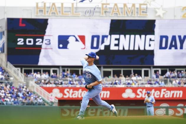 Kansas City Royals starting pitcher Zack Greinke (23) pitches against the Minnesota Twins during the first inning on Opening Day at Kauffman Stadium in Kansas City, Missouri on Thursday, March 30, 2023.  KCP20230330101 KYLExRIVAS