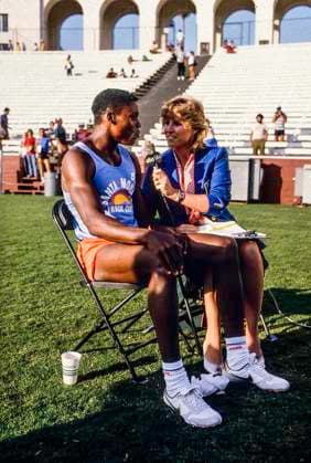 RECORD DATE NOT STATED Track and Field Carl Lewis Carl Lewis (USA) being interviewed by ABC Donna de Varona at the 1984 United States Olympic team trials for track and field Los Angeles Los Angeles Memorial Coliseum California United States Copyright: xStevenxE.xSutton DUOMO PCNx TF8402 018911