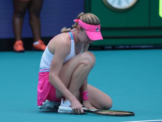 Ekaterina Alexandrova from Russia sits on the court after missing a point against Petra Kvitova from the Czech Republic in the semi-final match at the Miami Open in the Hard Rock Stadium in Miami Gardens, Florida on Thursday, March 30, 2023. Kvitova defeated Alexandrova 6-4,3-6,6-3 to advance to the finals.  MIA20230330205 GARYxIxROTHSTEIN