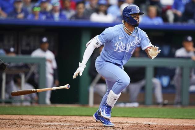 Kansas City Royals catcher MJ Melendez (1) grounds in ta double play against the Minnesota Twins during the fifth inning on Opening Day at Kauffman Stadium in Kansas City, Missouri on Thursday, March 30, 2023.  KCP20230330117 KYLExRIVAS