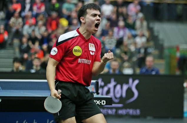 Sport Themen der Woche KW13 Sport Bilder des Tages 31.03.2023, xmohx, Tischtennis Champions League, 1.FC Saarbrücken - Borussia Düsseldorf emspor, v.l. Dang Qui (Düsseldorf) jubelt (DFL DFB REGULATIONS PROHIBIT ANY USE OF PHOTOGRAPHS as IMAGE SEQUENCES and or QUASI-VIDEO) Saarbrücken *** 31 03 2023, xmohx, table tennis Champions League, 1 FC Saarbrücken Borussia Düsseldorf emspor, v l Dang Qui Düsseldorf cheers DFL DFB REGULATIONS PROHIBIT ANY USE OF PHOTOGRAPHS as IMAGE SEQUENCES and or QUASI VIDEO Saarbrücken