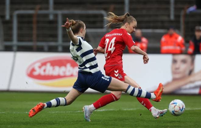 Paula Flach (MSV), Weronika Zawistowska (Köln), 1. FC Köln - MSV Duisburg, Flyeralarm Frauen Bundesliga, 17. Spieltag, Köln, Deutschland, 18.03.2023.