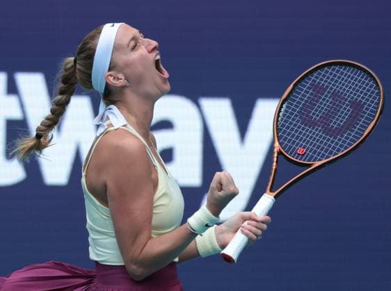 Petra Kvitova from the Czech Republic reacts to winning the first set against Sorana Cirstea from Romania in the women s semi-final match on the stadium court at the Miami Open in the Hard Rock Stadium in Miami Gardens, Florida, on Friday, March 31, 2023. Kvitova defeated Cirstea 7-5,6-4 to advance to the finals.  MIA20230331299 GARYxIxROTHSTEIN