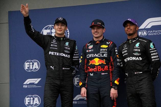FORMULA 1 ROLEX AUSTRALIAN GRAND PRIX 2023 01.04.2023, Albert-Park, Melbourne, FORMULA 1 ROLEX AUSTRALIAN GRAND PRIX 2023 , im Bild Poleposition für Max Verstappen (NLD), Oracle Red Bull Racing, 2.Startplatz für George Russell (GBR), Mercedes-AMG Petronas Formula One Team, 3.Startplatz für Lewis Hamilton (GBR), Mercedes-AMG Petronas Formula One Team
