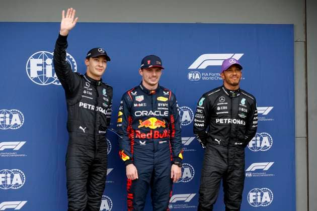 63 George Russell (GBR, Mercedes-AMG Petronas F1 Team), 1 Max Verstappen (NLD, Oracle Red Bull Racing), 44 Lewis Hamilton (GBR, Mercedes-AMG Petronas F1 Team), F1 Grand Prix of Australia at Albert Park Circuit on April 1, 2023 in Melbourne, Australia. (Photo by HOCH ZWEI) Melbourne Australia