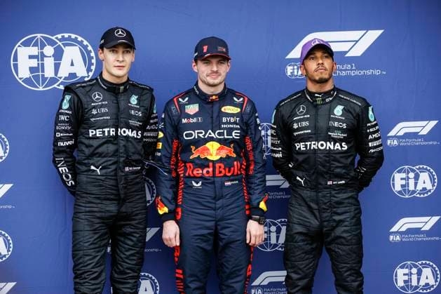 63 George Russell (GBR, Mercedes-AMG Petronas F1 Team), 1 Max Verstappen (NLD, Oracle Red Bull Racing), 44 Lewis Hamilton (GBR, Mercedes-AMG Petronas F1 Team), F1 Grand Prix of Australia at Albert Park Circuit on April 1, 2023 in Melbourne, Australia. (Photo by HOCH ZWEI) Melbourne Australia