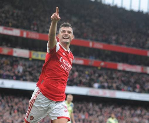 Sport Themen der Woche KW13 Sport Bilder des Tages Football - 2022 2023 Premier League - Arsenal vs Leeds United - Emirates Stadium - Saturday 1st April 2023 Granit Xhaka - Arsenal celebrates scoring goal no 4 