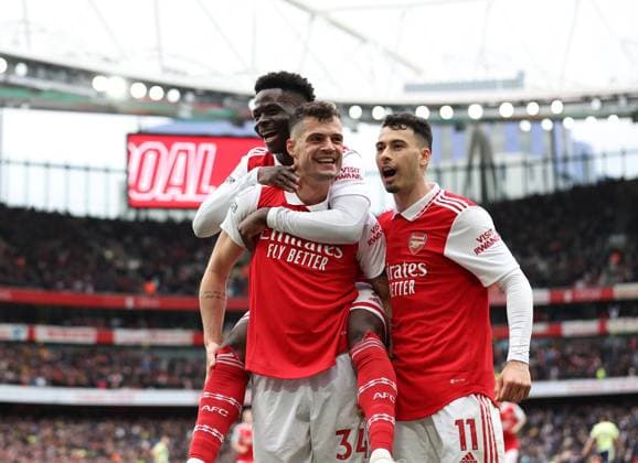 London, England, 1st April 2023. Granit Xhaka of Arsenal celebrates scoring his sides fourth goal during the Premier League match at the Emirates Stadium, London. Picture credit should read: David Klein Sportimage EDITORIAL USE ONLY. No use with unauthorised audio, video, data, fixture lists, club league logos or live services. Online in-match use limited to 120 images, no video emulation. No use in betting, games or single club league player publications. SPI-2348-0098
