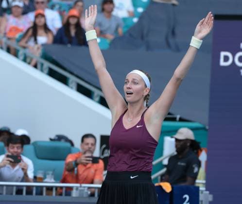 Petra Kvitova from the Czech Republic celebrates after defeating Elena Rybakina from Kazakhstan in the women s final at the Miami Open in the Hard Rock Stadium, Miami Gardens, Florida, on Saturday, April 1, 2023. Kvitova defeated Rybakina 7-6, 6-2.  MIA20230401105 GARYxIxROTHSTEIN